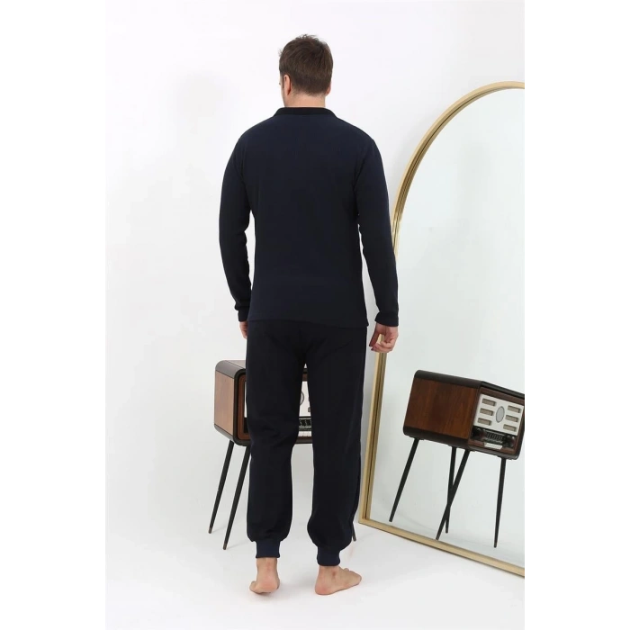 MARSiLYAN- Erkek Polo Yaka Uzun Kol Penye Pijama Takımı Lacivert