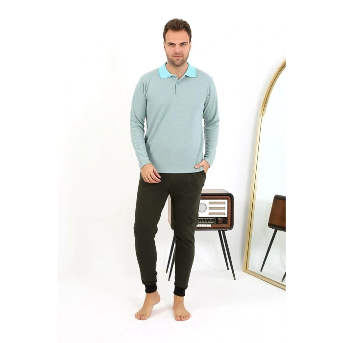 MARSiLYAN- Erkek Polo Yaka Uzun Kol Penye Pijama Takımı Su Yeşili
