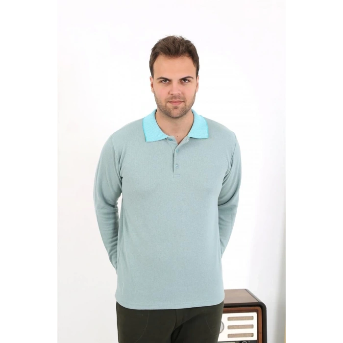 MARSiLYAN- Erkek Polo Yaka Uzun Kol Penye Pijama Takımı Su Yeşili