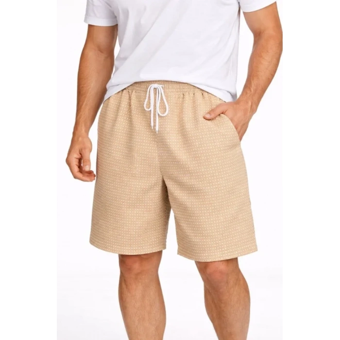 MARSiLYAN- Erkek Pötikareli Şort – Beli Lastikli Bağcıklı, Cepli, Rahat Kesim Günlük Yazlık Şort - Bej