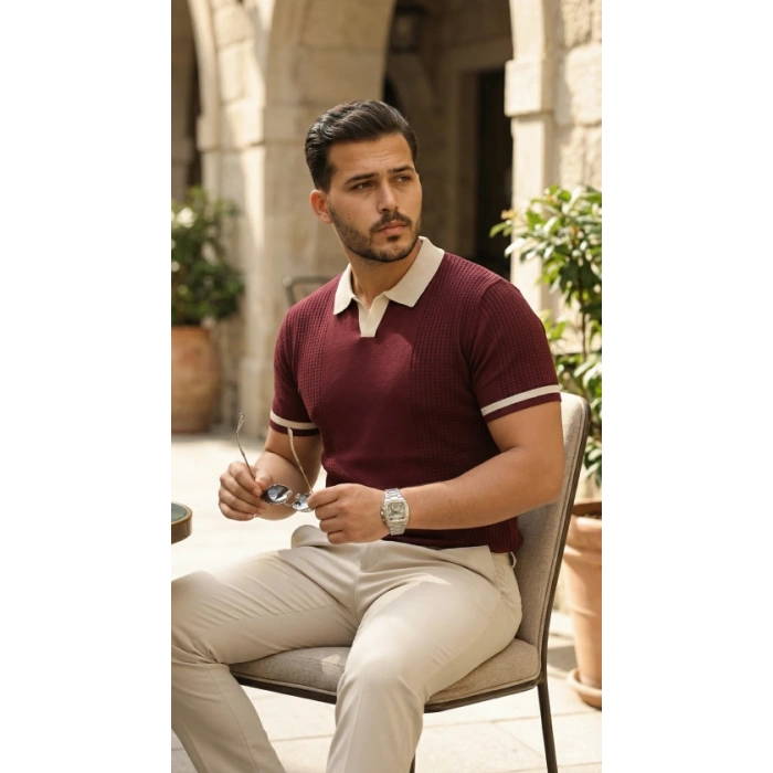 MARSiLYAN- Erkek Renkli Yakalı File Desenli Kısa Kollu Tişört