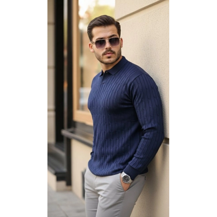 MARSiLYAN- Erkek Saç örgü Desenli Uzun Kollu Triko