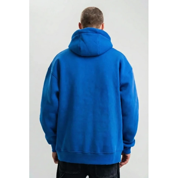 MARSiLYAN- Erkek Saks Mavi Double Oversize 3 İplik Pamuklu Kapüşonlu Kanguru Cepli Sweatshirt Hoodie - Saks Mavi