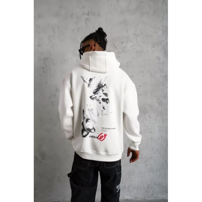 MARSiLYAN- Erkek Şapkalı Güvercin Baskılı Kapşonlu Sweat - Beyaz