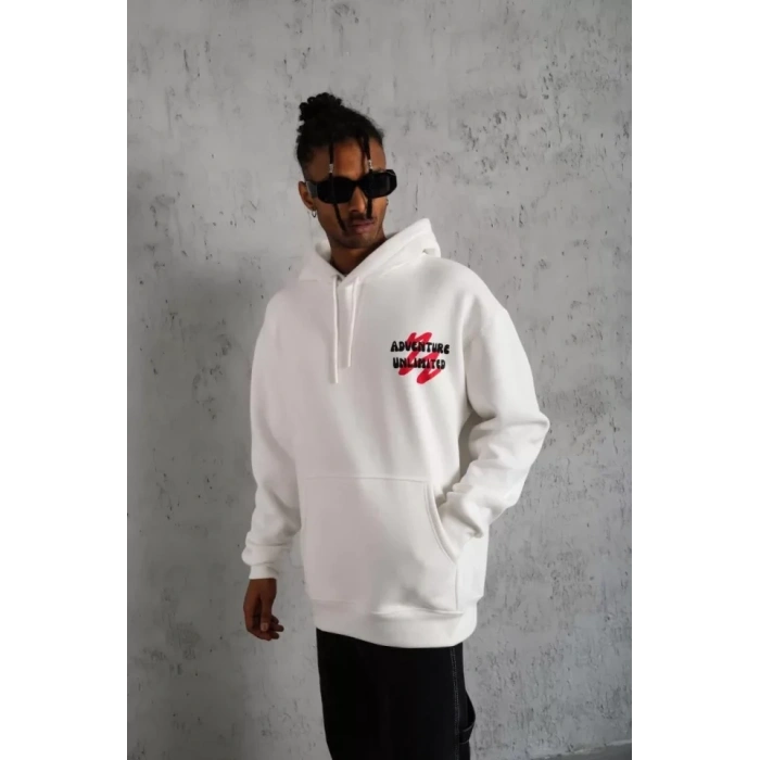 MARSiLYAN- Erkek Şapkalı Güvercin Baskılı Kapşonlu Sweat - Beyaz