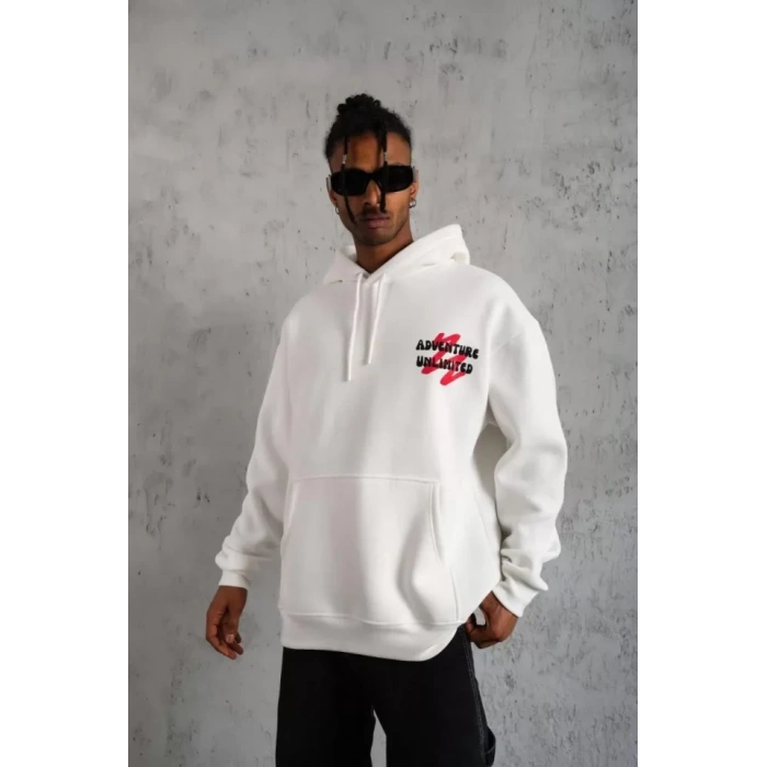 MARSiLYAN- Erkek Şapkalı Güvercin Baskılı Kapşonlu Sweat - Beyaz