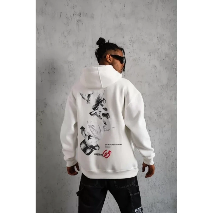 MARSiLYAN- Erkek Şapkalı Güvercin Baskılı Kapşonlu Sweat - Beyaz