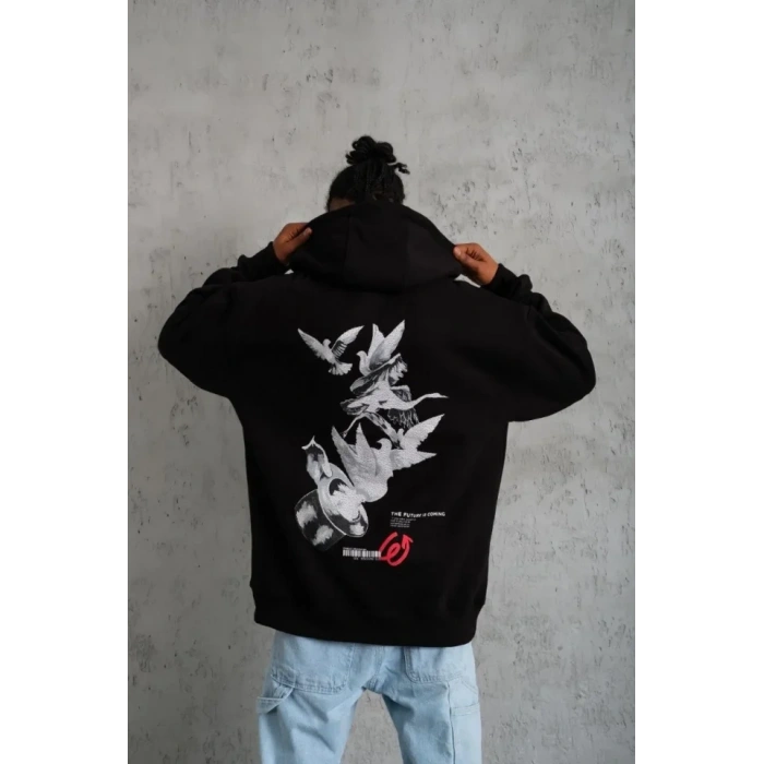 MARSiLYAN- Erkek Şapkalı Güvercin Baskılı Kapşonlu Sweat - Siyah