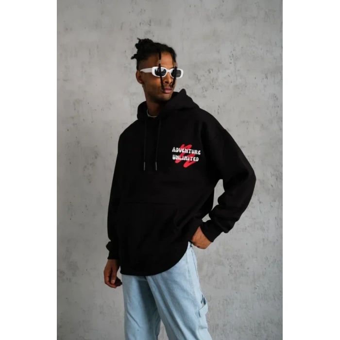 MARSiLYAN- Erkek Şapkalı Güvercin Baskılı Kapşonlu Sweat - Siyah