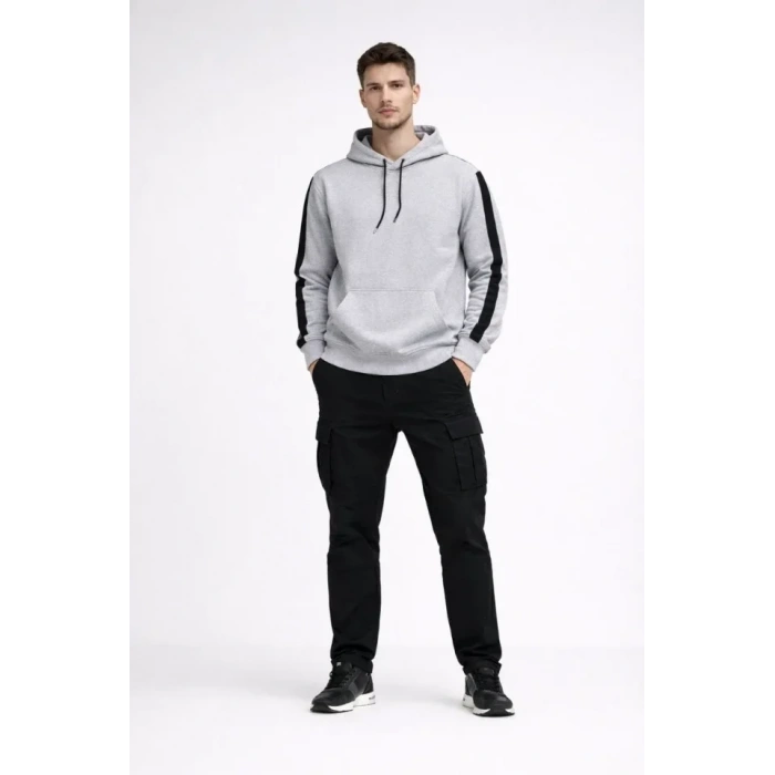 MARSiLYAN- Erkek Şeritli Kapüşonlu Sweatshirt Oversize 3 Iplik Pamuklu - Beyaz