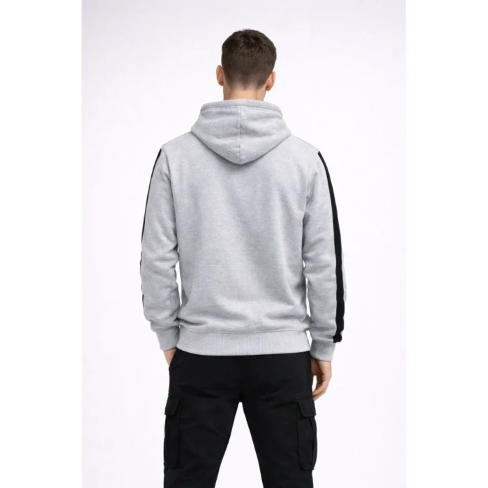 MARSiLYAN- Erkek Şeritli Kapüşonlu Sweatshirt Oversize 3 Iplik Pamuklu - Beyaz
