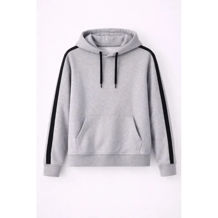 MARSiLYAN- Erkek Şeritli Kapüşonlu Sweatshirt Oversize 3 Iplik Pamuklu - Gri