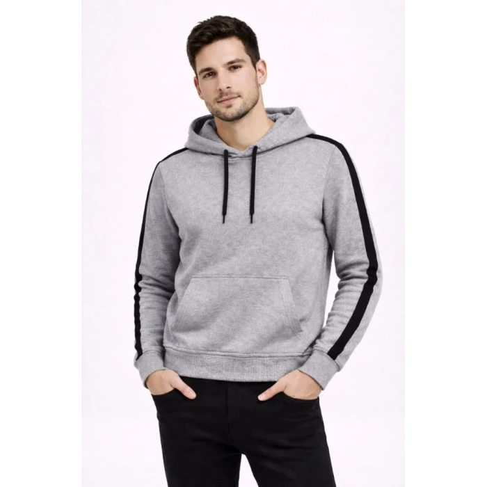 MARSiLYAN- Erkek Şeritli Kapüşonlu Sweatshirt Oversize 3 Iplik Pamuklu - Gri