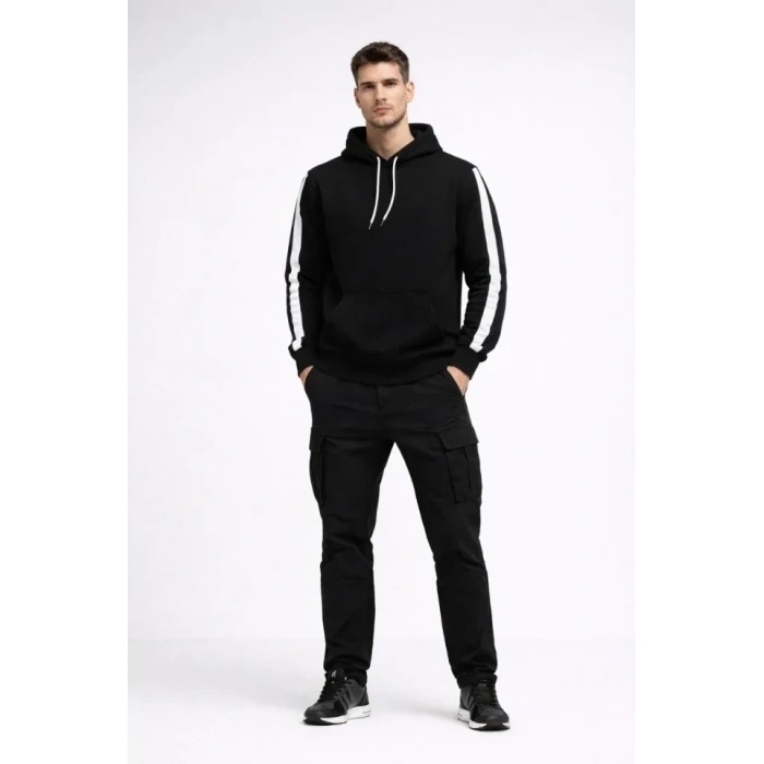 MARSiLYAN- Erkek Şeritli Kapüşonlu Sweatshirt Oversize 3 Iplik Pamuklu - Siyah