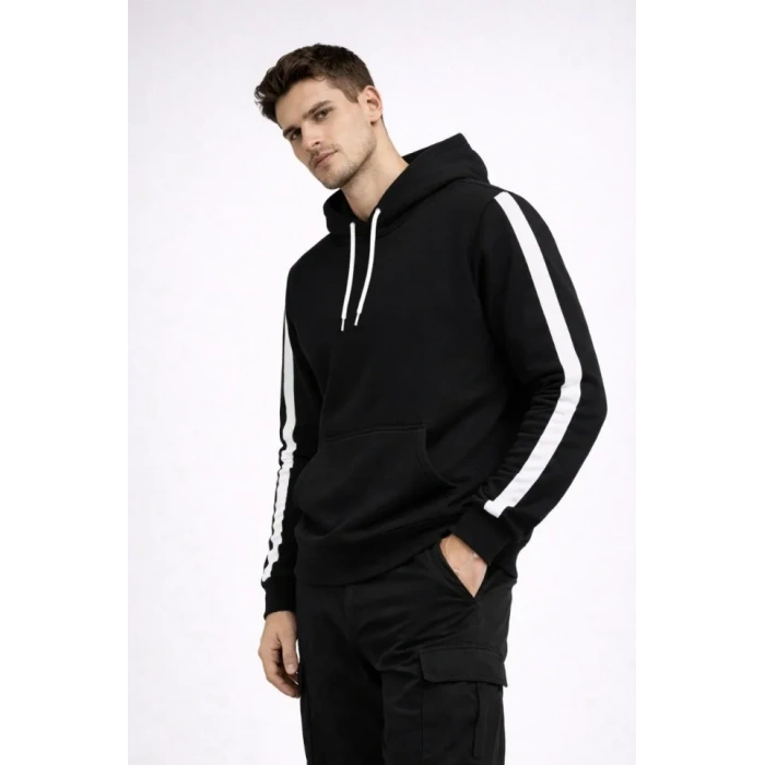 MARSiLYAN- Erkek Şeritli Kapüşonlu Sweatshirt Oversize 3 Iplik Pamuklu - Siyah