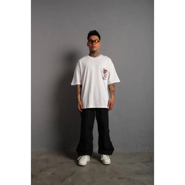 MARSiLYAN- Erkek Sırt Baskılı A Kalite Oversize T-shirt - Beyaz