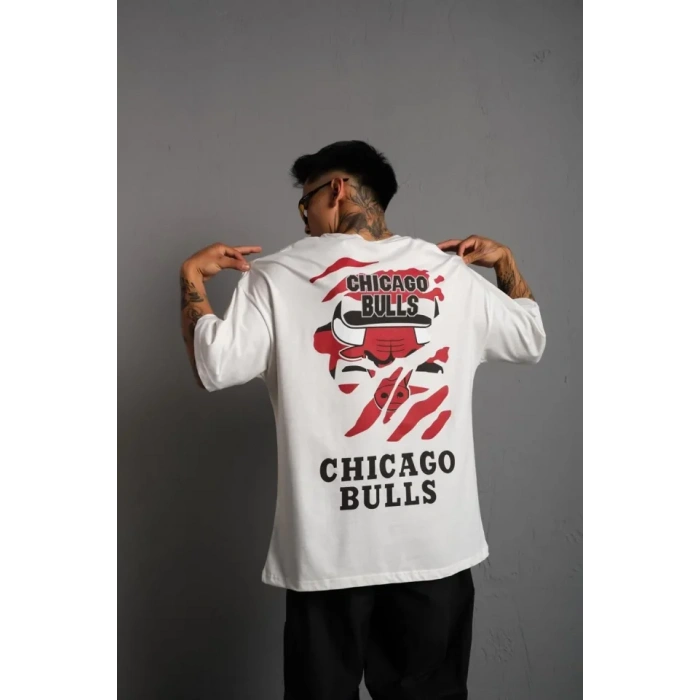 MARSiLYAN- Erkek Sırt Baskılı A Kalite Oversize T-shirt - Beyaz