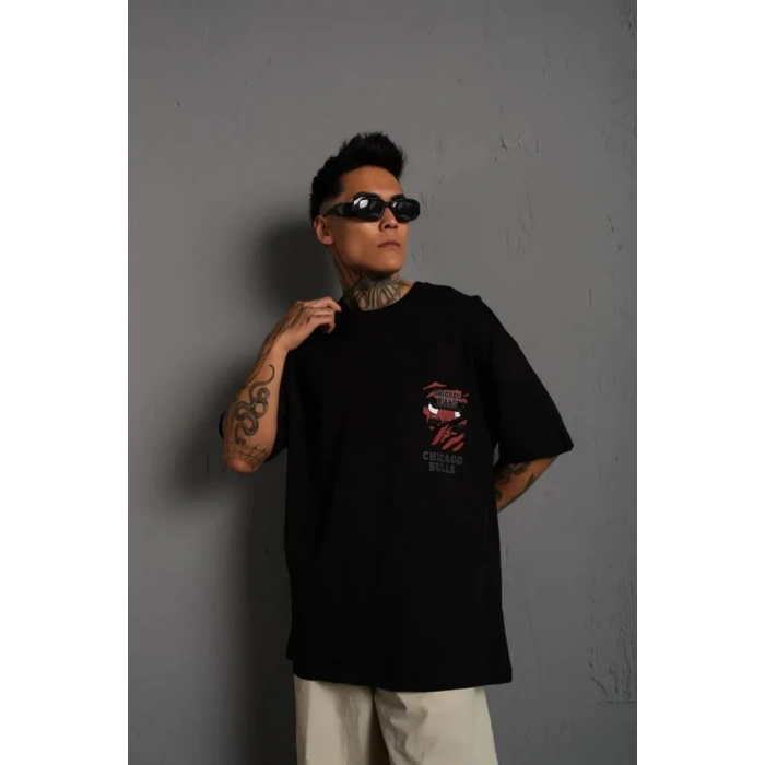 MARSiLYAN- Erkek Sırt Baskılı A Kalite Oversize T-shirt - Siyah