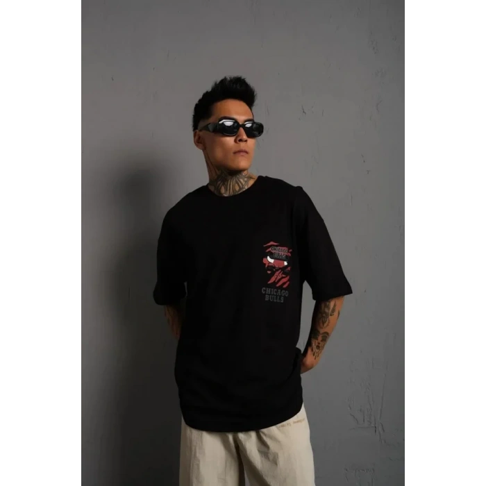 MARSiLYAN- Erkek Sırt Baskılı A Kalite Oversize T-shirt - Siyah