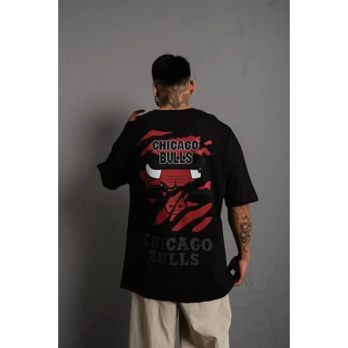 MARSiLYAN- Erkek Sırt Baskılı A Kalite Oversize T-shirt - Siyah