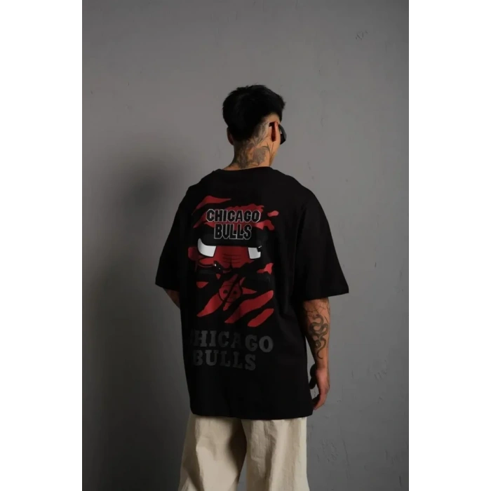 MARSiLYAN- Erkek Sırt Baskılı A Kalite Oversize T-shirt - Siyah