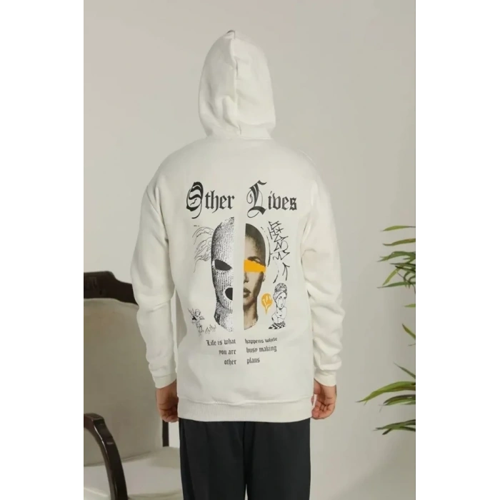 MARSiLYAN- Erkek Sırt Baskılı Oversize Üç İplik Kapüşonlu Sweatshirt - Beyaz