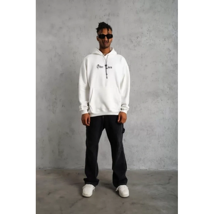 MARSiLYAN- Erkek Sırt Baskılı Oversize Üç İplik Kapüşonlu Sweatshirt - Beyaz