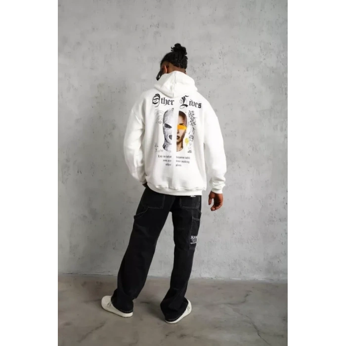 MARSiLYAN- Erkek Sırt Baskılı Oversize Üç İplik Kapüşonlu Sweatshirt - Beyaz