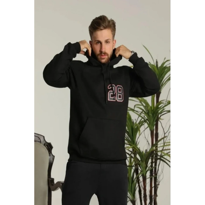 MARSiLYAN- Erkek Sırt Baskılı Oversize Üç İplik Kapüşonlu Sweatshirt - Siyah