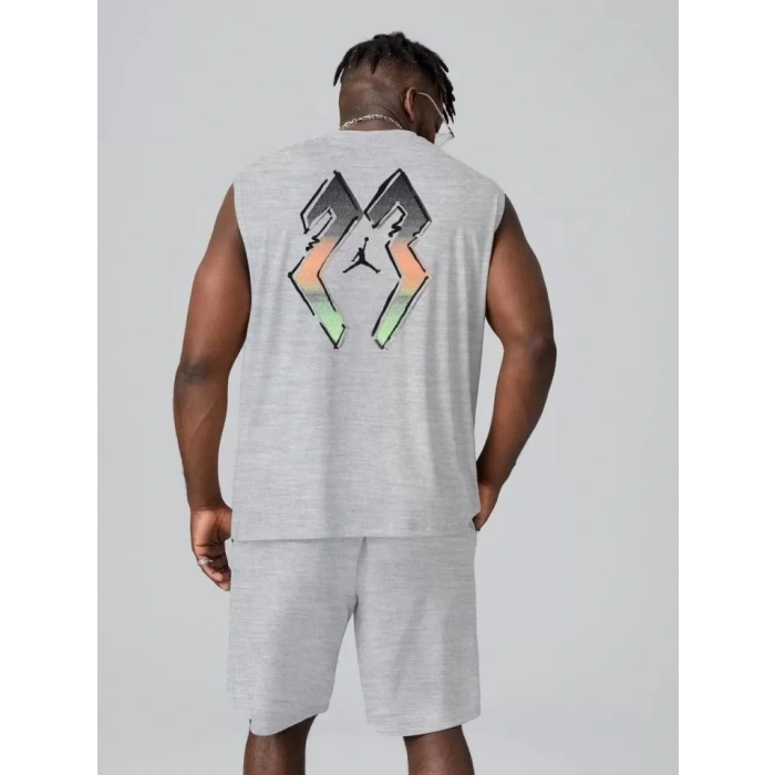 MARSiLYAN- Erkek Sırt Baskılı Sıfır Kol İkili Şort Takım - Gri