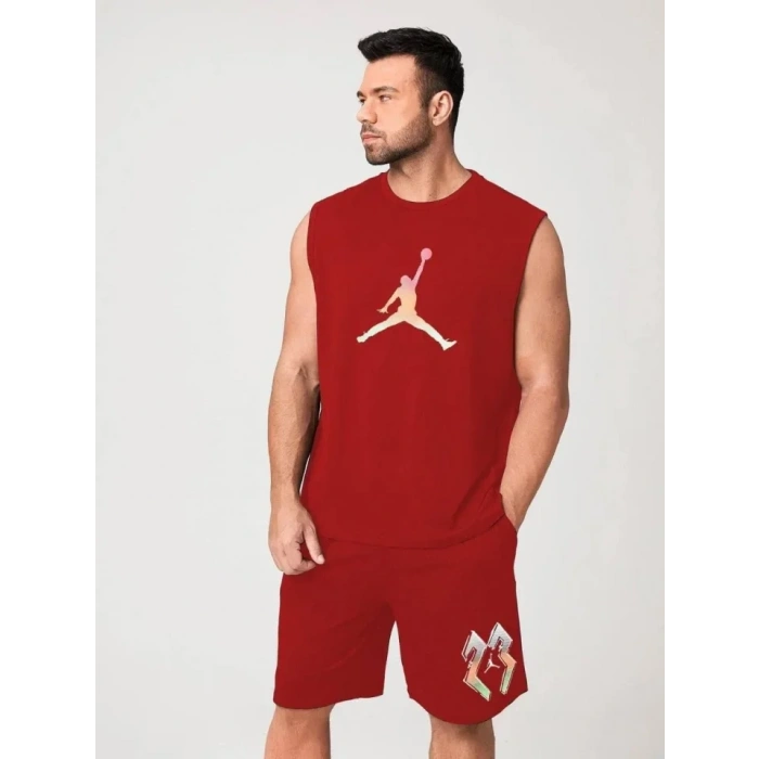 MARSiLYAN- Erkek Sırt Baskılı Sıfır Kol İkili Şort Takım - Kırmızı