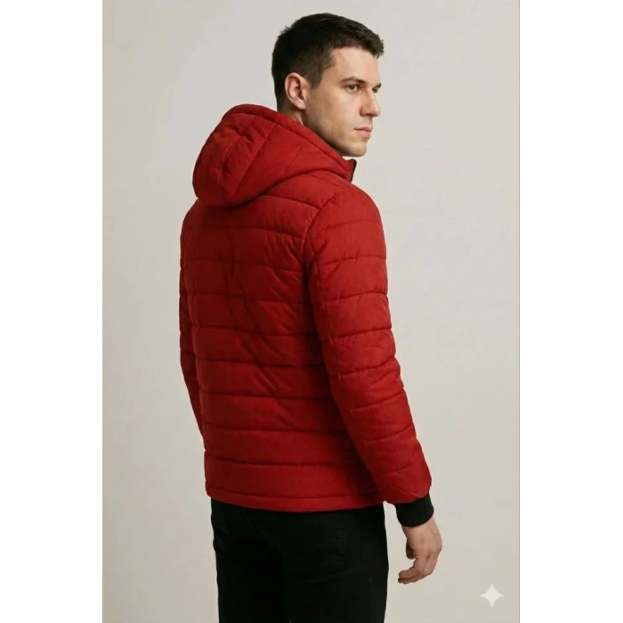 MARSiLYAN- Erkek Şişme Kapüşonlu Fermuarlı Mont Su Itici Kapitone Astarlı Kumaş Cepli Kışlık Rahat Kalıp - Kırmızı