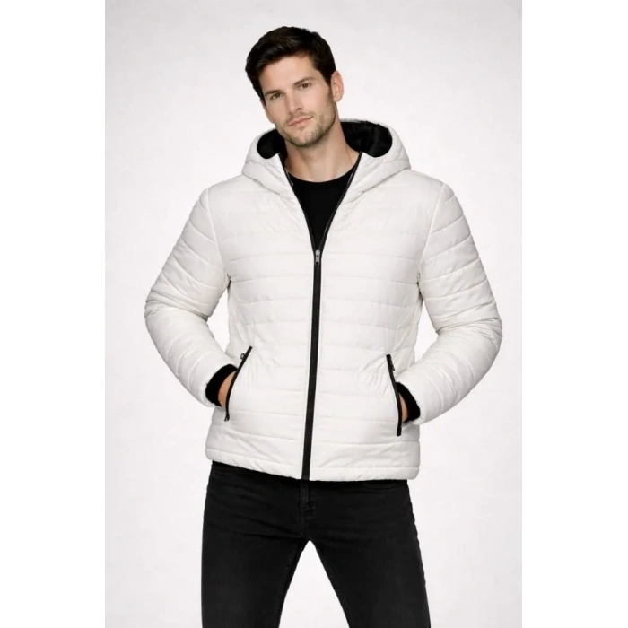 MARSiLYAN- Erkek Şişme Kapüşonlu Fermuarlı Mont Su Itici Kapitone Astarlı Kumaş Cepli Kışlık Rahat Kalıp - Krem