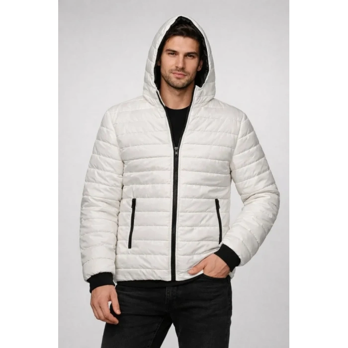 MARSiLYAN- Erkek Şişme Kapüşonlu Fermuarlı Mont Su Itici Kapitone Astarlı Kumaş Cepli Kışlık Rahat Kalıp - Krem