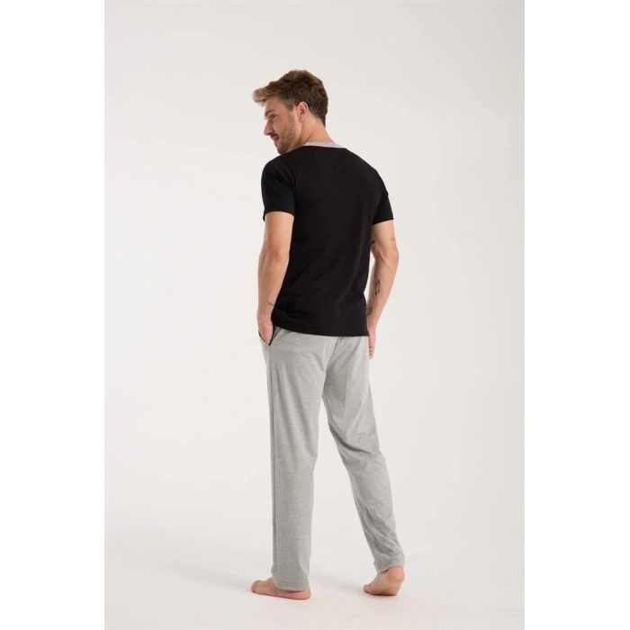 MARSiLYAN- Erkek Siyah Düğmeli Yaka Kısa Kol Pijama Takımı