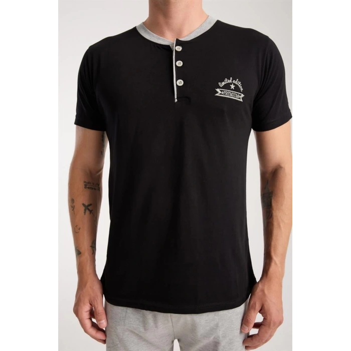 MARSiLYAN- Erkek Siyah Düğmeli Yaka Kısa Kol Pijama Takımı