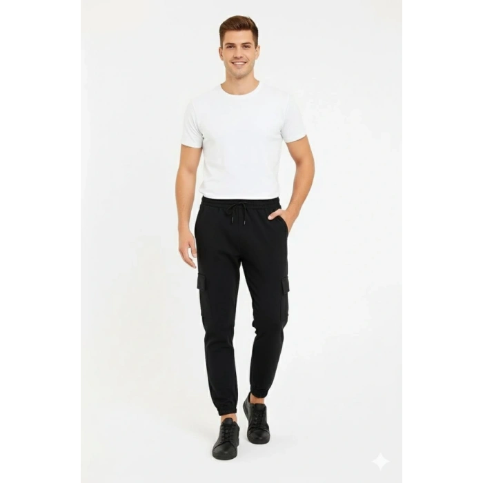 MARSiLYAN- Erkek Siyah Jogger Eşofman Altı Rahat Kalıp, Kargo Cepli, Lastikli Paça, Günlük Spor Pantolon - Siyah