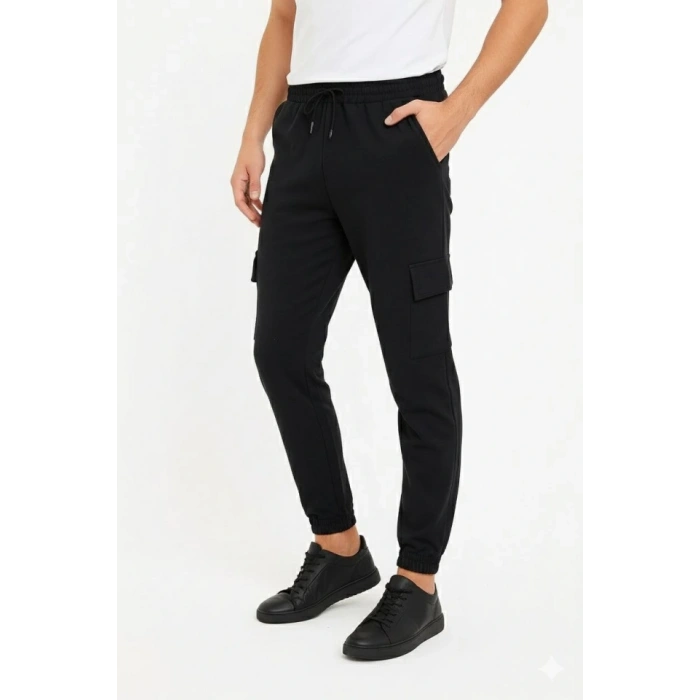 MARSiLYAN- Erkek Siyah Jogger Eşofman Altı Rahat Kalıp, Kargo Cepli, Lastikli Paça, Günlük Spor Pantolon - Siyah