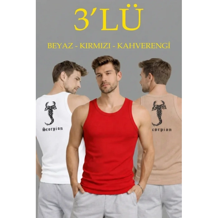 MARSiLYAN- Erkek Spor Fitilli Atlet 3lü Set Beyaz, Kırmızı Ve Kahverengi Slim Fit Kaşkorse Arka Baskılı Spor Atlet