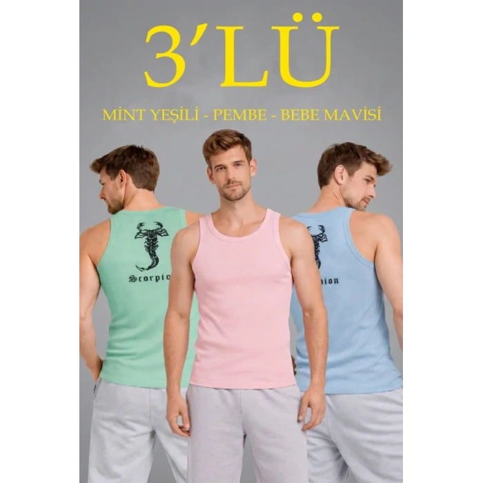 MARSiLYAN- Erkek Spor Fitilli Atlet 3lü Set Mint Yeşili, Pembe Ve Bebek Mavisi Slim Fit Kaşkorse Arka Baskılı Spor Atlet