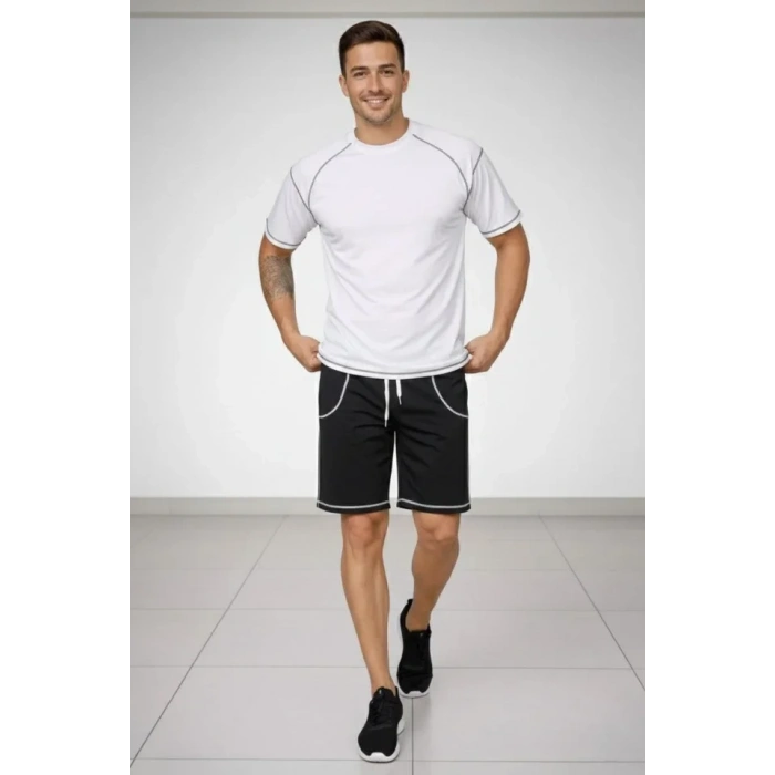 MARSiLYAN- Erkek Spor Tişört Şort Takım Kontrast Dikiş Detaylı Ovarsize Rahat Kalıp - Beyaz