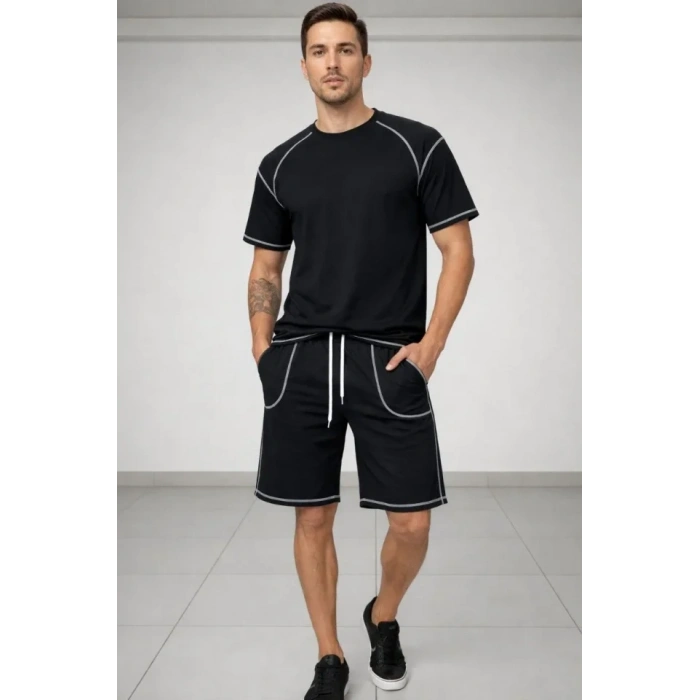 MARSiLYAN- Erkek Spor Tişört Şort Takım Kontrast Dikiş Detaylı Ovarsize Rahat Kalıp - Siyah