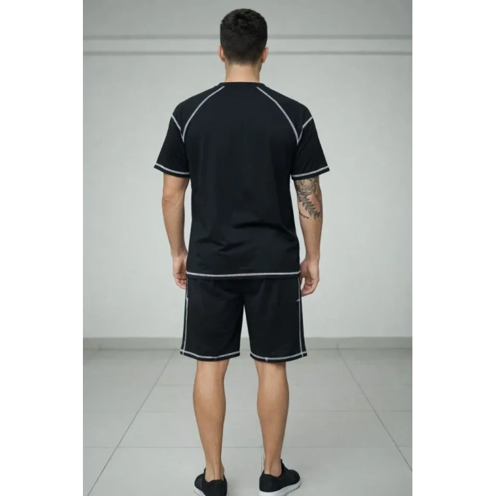 MARSiLYAN- Erkek Spor Tişört Şort Takım Kontrast Dikiş Detaylı Ovarsize Rahat Kalıp - Siyah