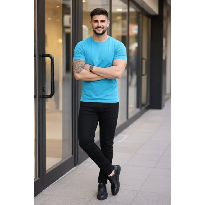MARSiLYAN- Erkek T-Shirt Bisiklet Yaka Slim Fit Dar Kesim Likralı Tişört Günlük Basic Body - Açık Mavi