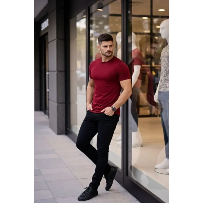 MARSiLYAN- Erkek T-Shirt Bisiklet Yaka Slim Fit Dar Kesim Likralı Tişört Günlük Basic Body - Bordo