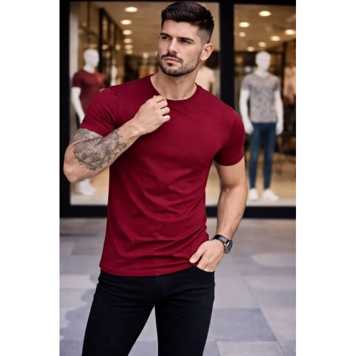 MARSiLYAN- Erkek T-Shirt Bisiklet Yaka Slim Fit Dar Kesim Likralı Tişört Günlük Basic Body - Bordo