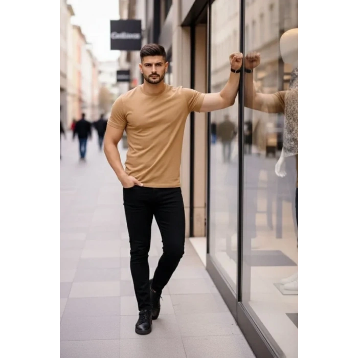 MARSiLYAN- Erkek T-Shirt Bisiklet Yaka Slim Fit Dar Kesim Likralı Tişört Günlük Basic Body - Kahverengi