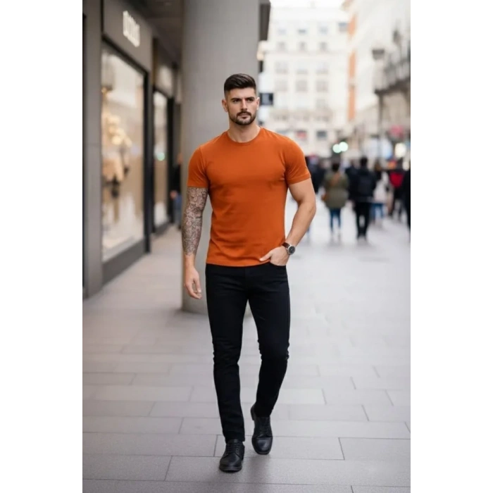 MARSiLYAN- Erkek T-Shirt Bisiklet Yaka Slim Fit Dar Kesim Likralı Tişört Günlük Basic Body - Koyu Turuncu