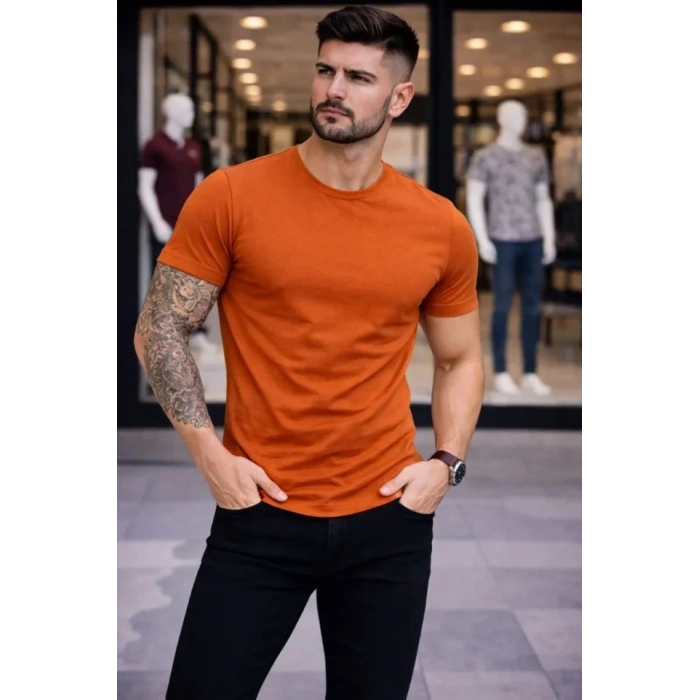 MARSiLYAN- Erkek T-Shirt Bisiklet Yaka Slim Fit Dar Kesim Likralı Tişört Günlük Basic Body - Koyu Turuncu