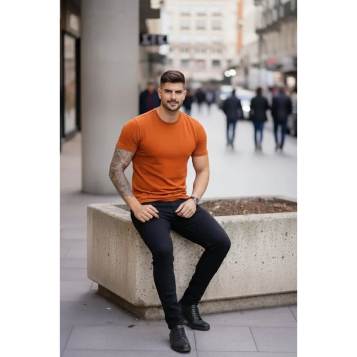 MARSiLYAN- Erkek T-Shirt Bisiklet Yaka Slim Fit Dar Kesim Likralı Tişört Günlük Basic Body - Koyu Turuncu